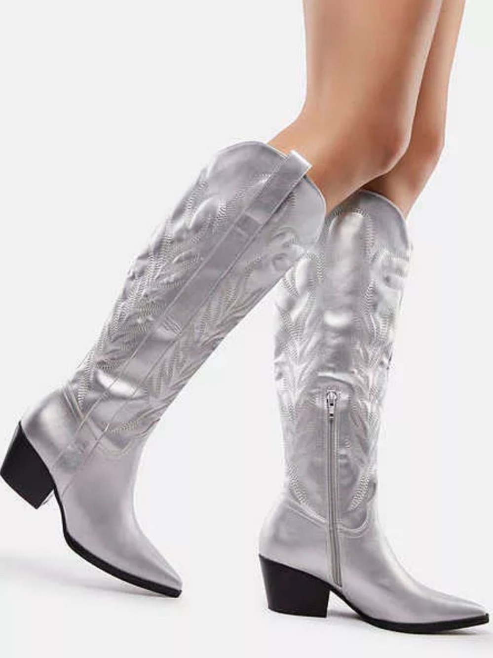 Dolls Kill Metallic Silver Western Cowgirl Boots